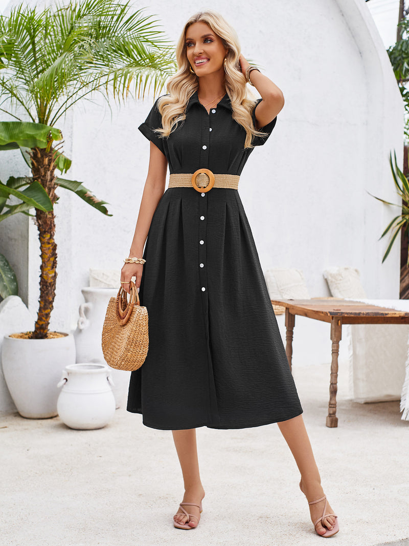 2024 European And American Summer Solid Color Polo Collar Single-breasted Short Sleeve Pinch Pleated Dress