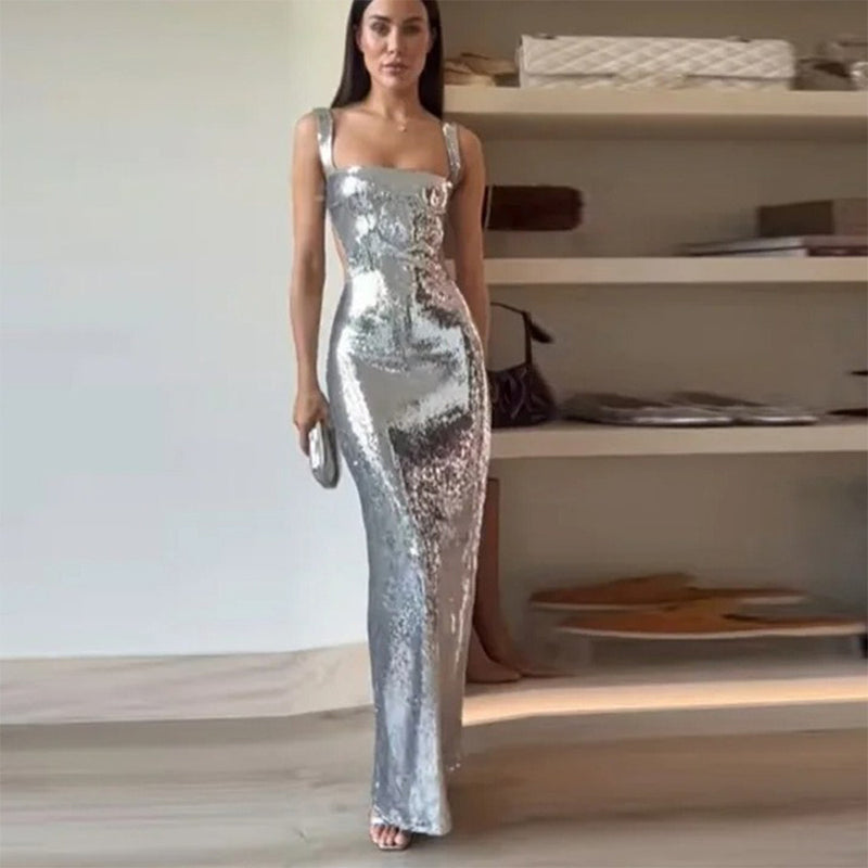 2024 Woman Fashion French High Feeling Silver Sequins Halter Sheath Dress Light Luxury Dinner Year Sexy Long Dresses