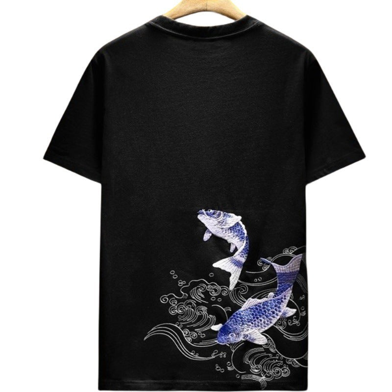 Fashion Carp Embroidery Short-sleeved T-shirt Men