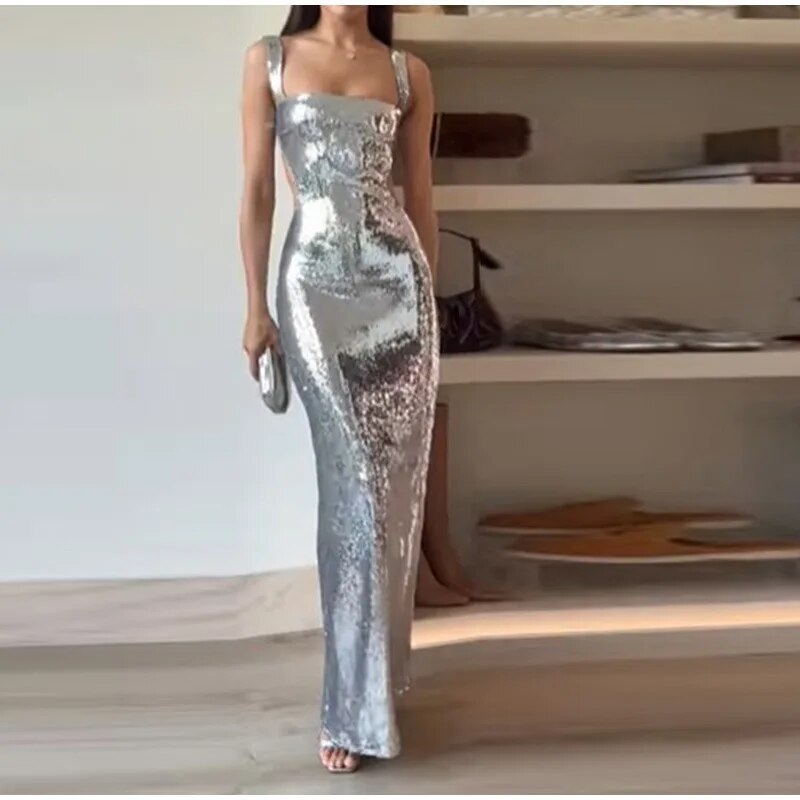 2024 Woman Fashion French High Feeling Silver Sequins Halter Sheath Dress Light Luxury Dinner Year Sexy Long Dresses