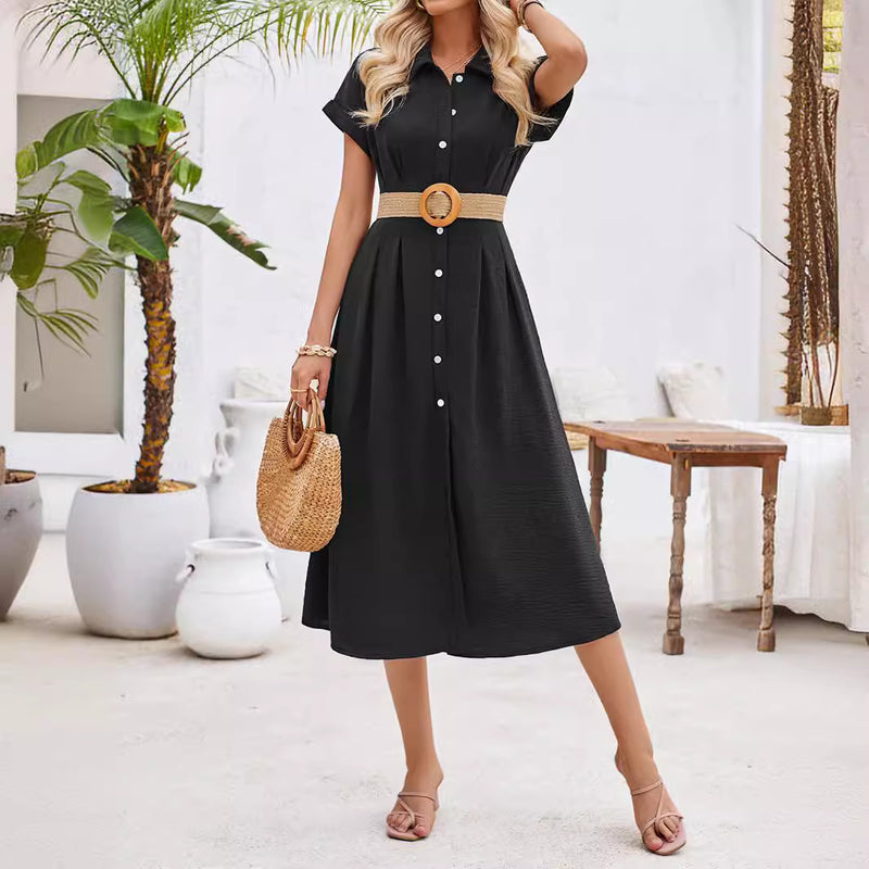 2024 European And American Summer Solid Color Polo Collar Single-breasted Short Sleeve Pinch Pleated Dress