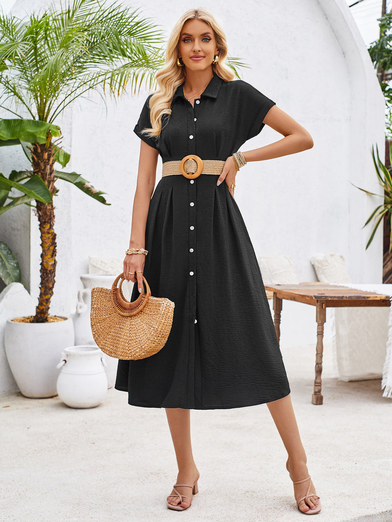 2024 European And American Summer Solid Color Polo Collar Single-breasted Short Sleeve Pinch Pleated Dress