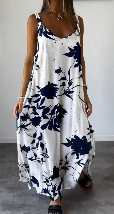 2024 Summer Printed Sling Backless V-neck Dress